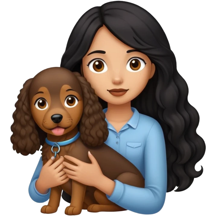 A girl with long straight black hair holding a curly brown giant dog emoji