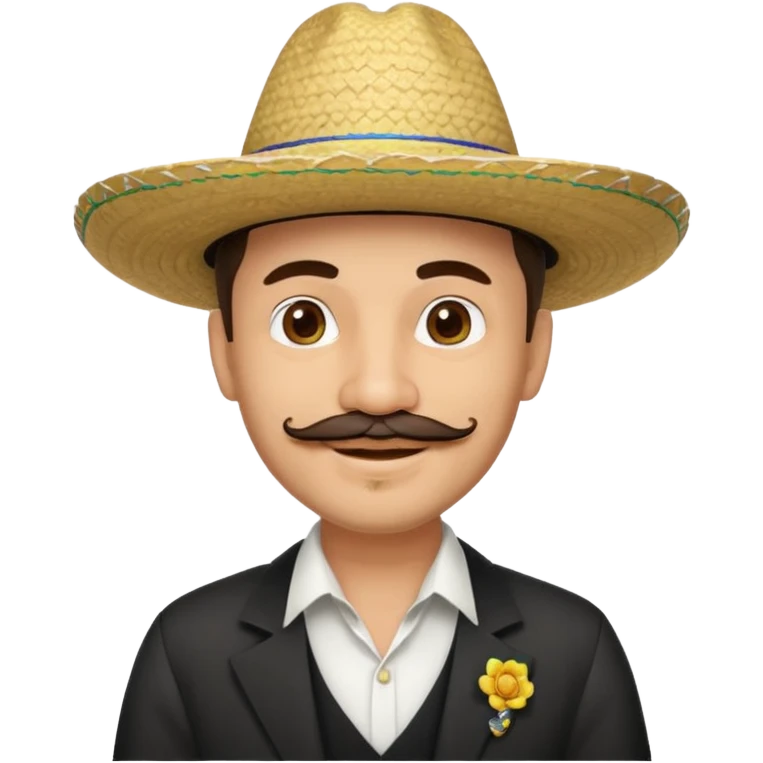 A happy, light skinned, Colombian man, with a small not connected mustache, a small gotee, wearing a Colombian Sombrero Voltiao with black rings on it, and wearing a white dress shirt emoji