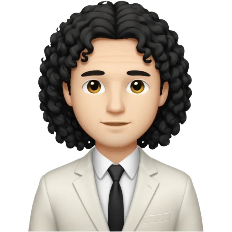 Cockasian guy with black long curly hair thats on his face and black eyes wearing a White simple suit guy  emoji