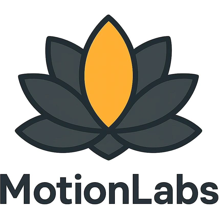 luxury logo for MotionLabs with geometric lotus symbol, colors #ffa31a, #292929, #1b1b1b emoji