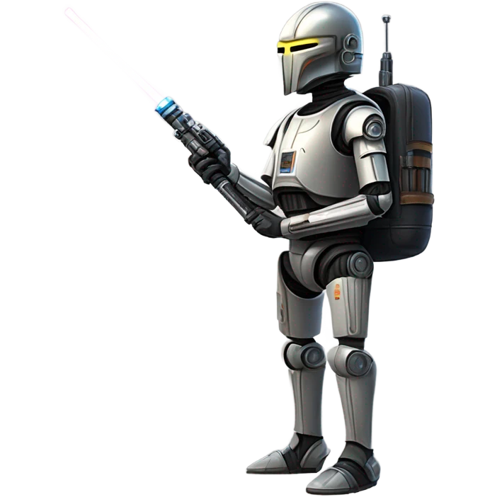 smiling bounty hunter protocol droid wearing backpack, saddlebags and light saber ready to fight resting emoji