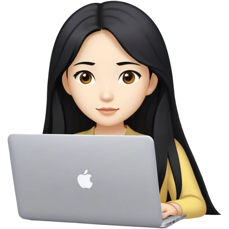 Long hair asian woman working on pale yellow laptop with brown eyes in zoom meeting  emoji