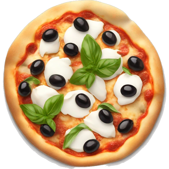 pizza with buffalo mozzarella, basil leaves and  black olives  emoji
