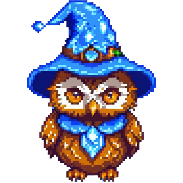 owl wearing a blue wizard hat pixel art emoji