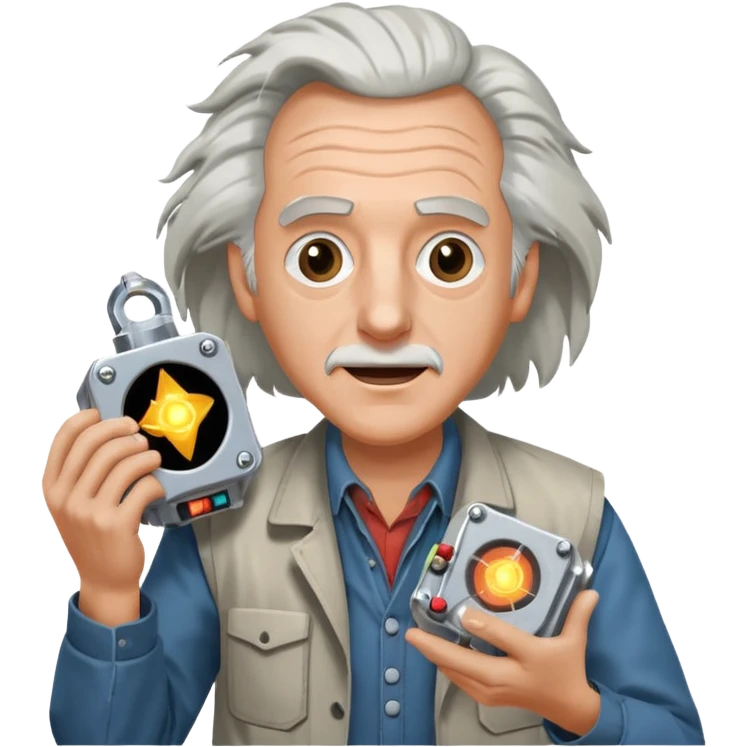 Doc Brown from Back to the Future, holding a flux capacitor, excited face, wild hair emoji