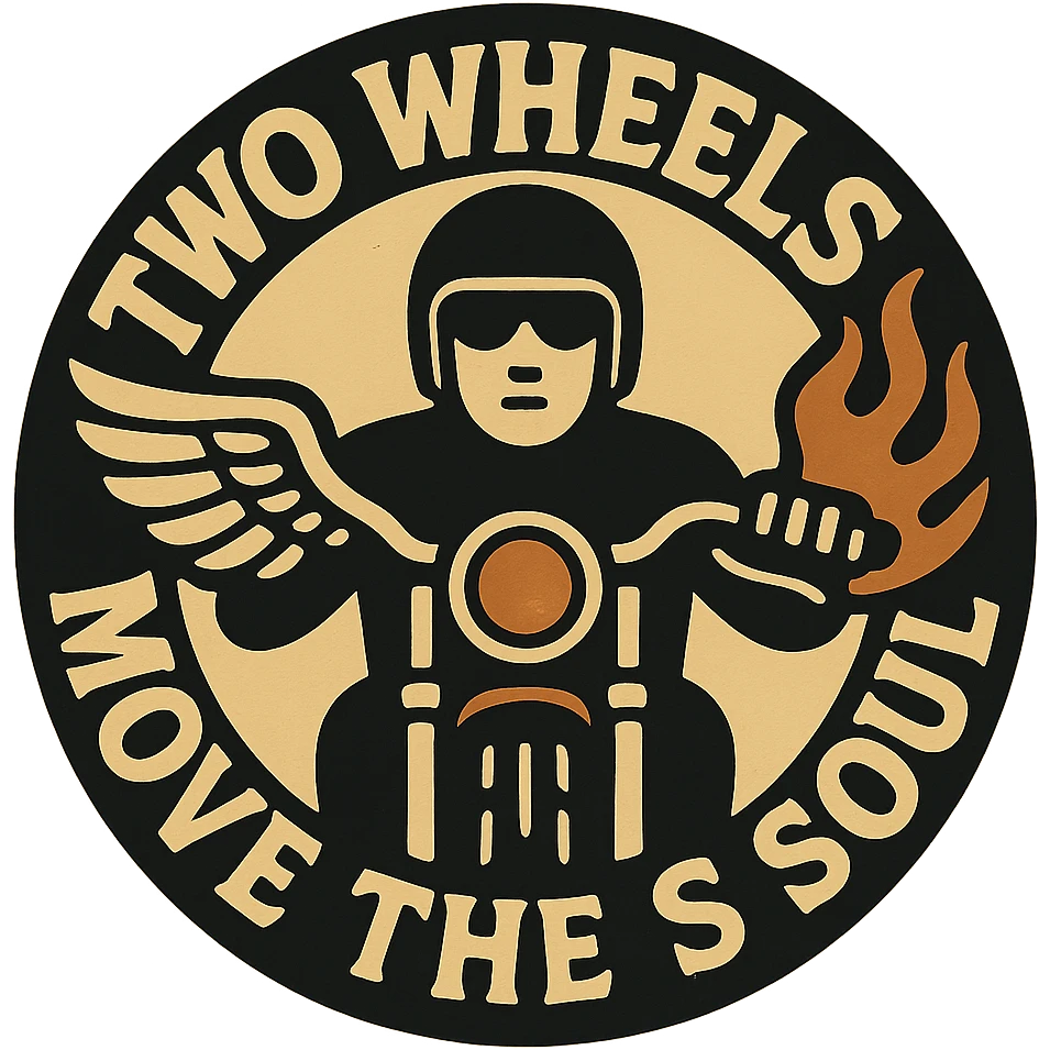 circular design for motorcycle cap, transparent background, text 'Two Wheels Move the Soul' in English, inspiring style, motorcycle motifs like motorcycle, wings, flame emoji