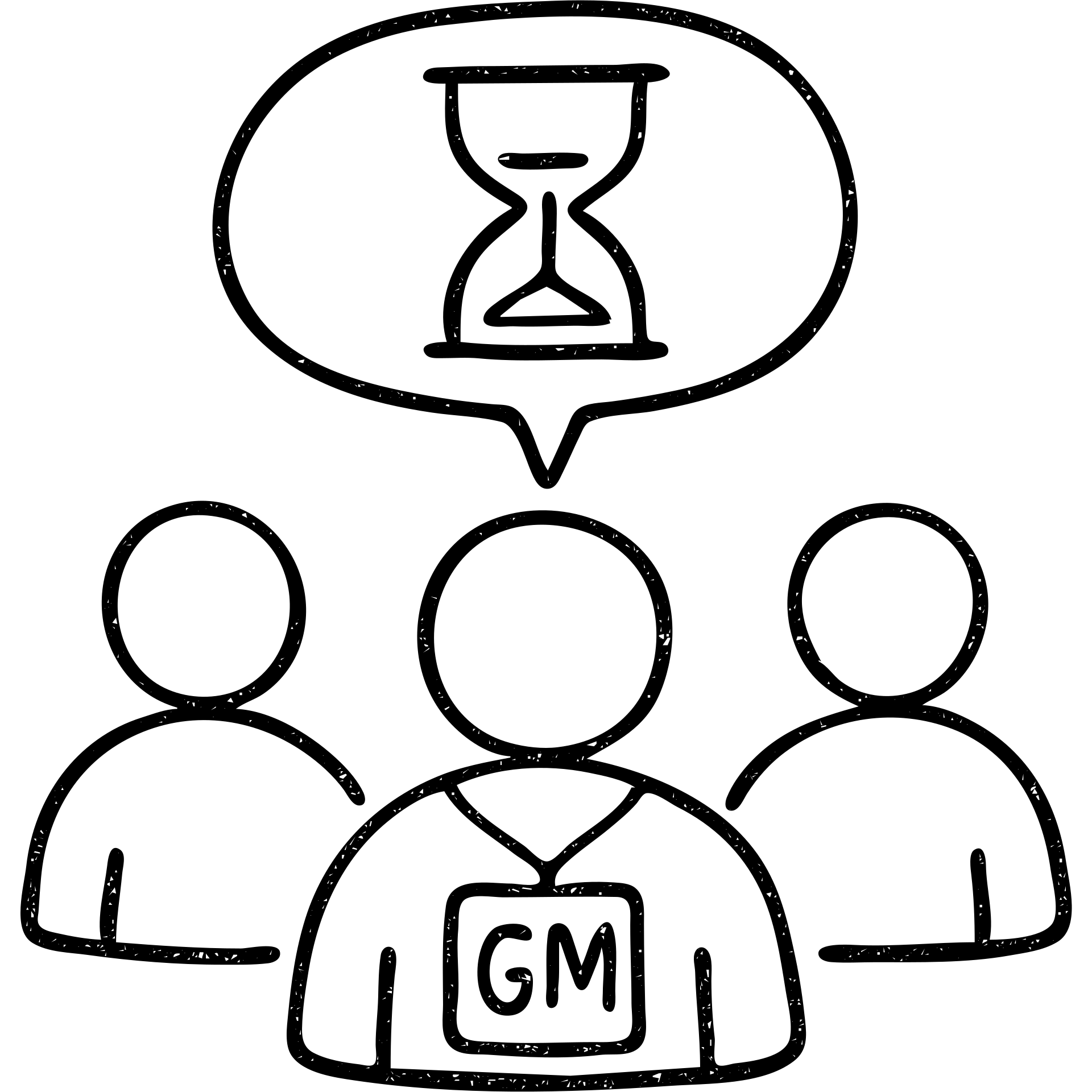 minimalist hand-drawn outlined icon of players and a game master collaborating, with a clock or hourglass representing a multi-day marathon, worn and distressed effect emoji