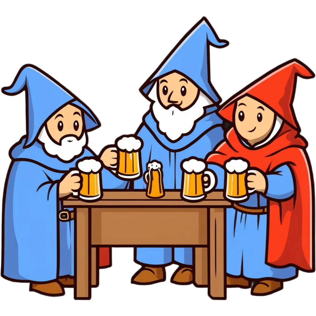 medieval pilgrims with cloaks drinking beer at a tavern emoji