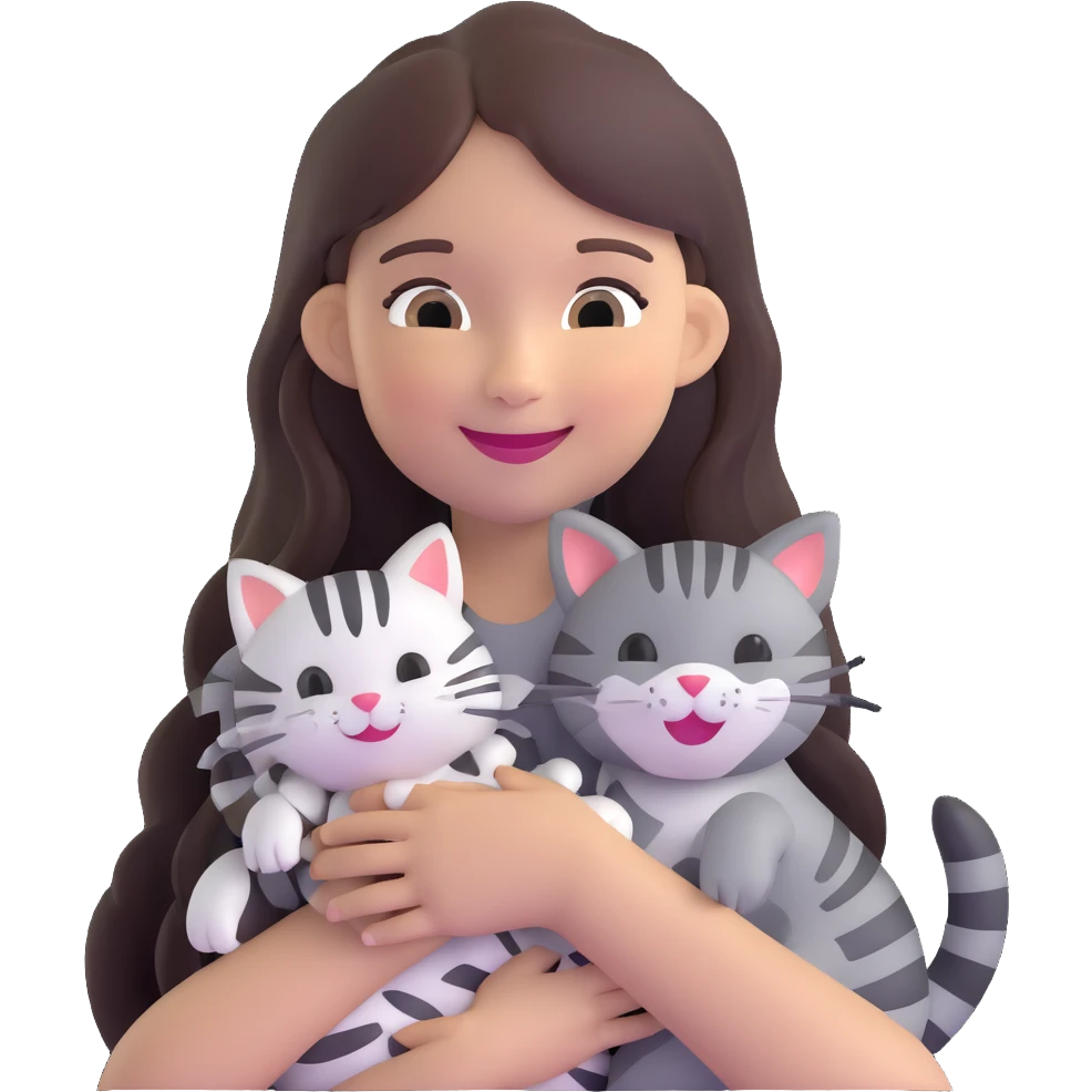 smiling girl with long hair holding a cat with silver stripes emoji