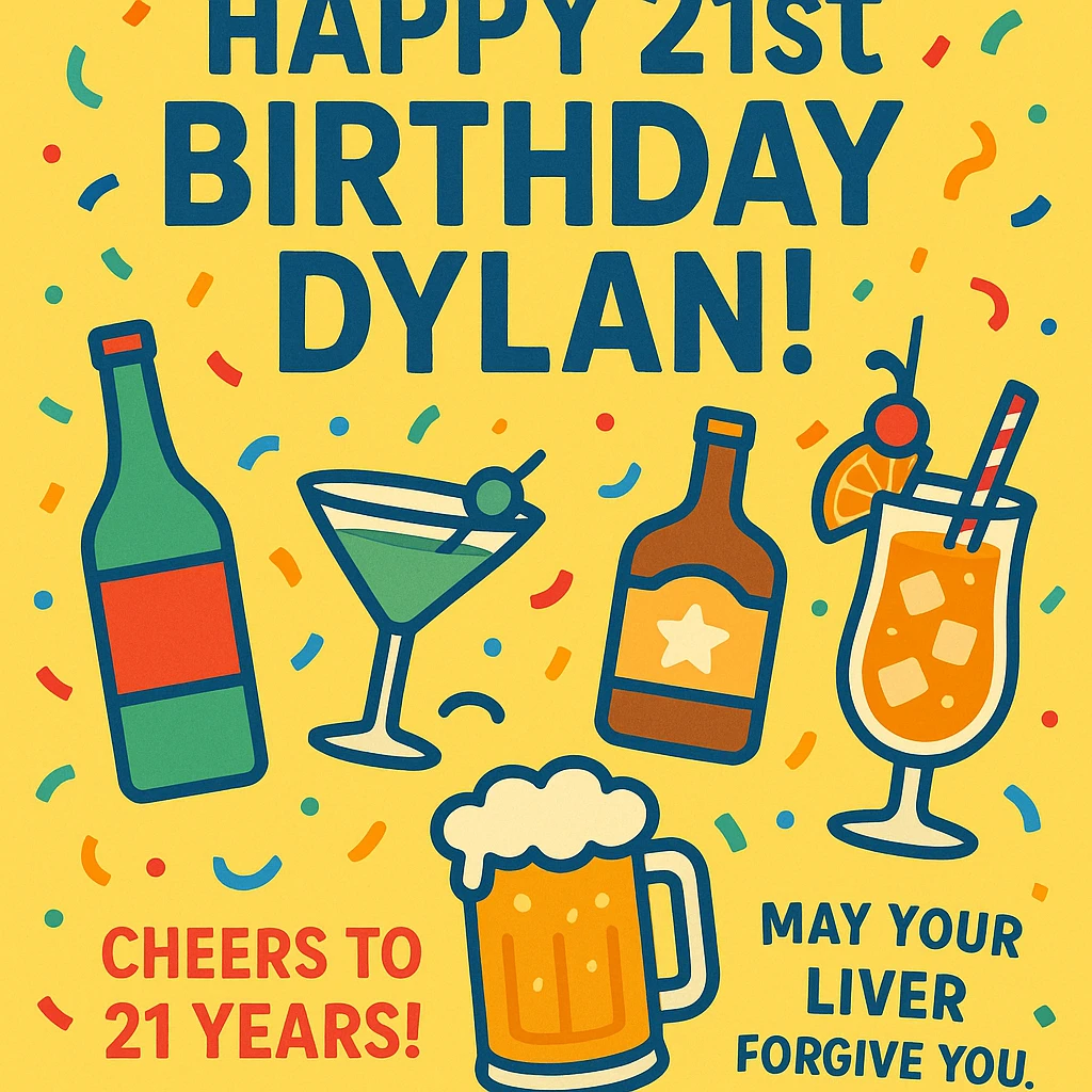 Funny digital birthday card for Dylan's 21st birthday featuring a big headline 'Happy 21st Birthday Dylan!' with lots of booze graphics including bottles, cocktails, and beer mugs, confetti, playful and bright colors, bold sans-serif fonts, and a funny message saying 'Cheers to 21 years! May your liver forgive you.' emoji