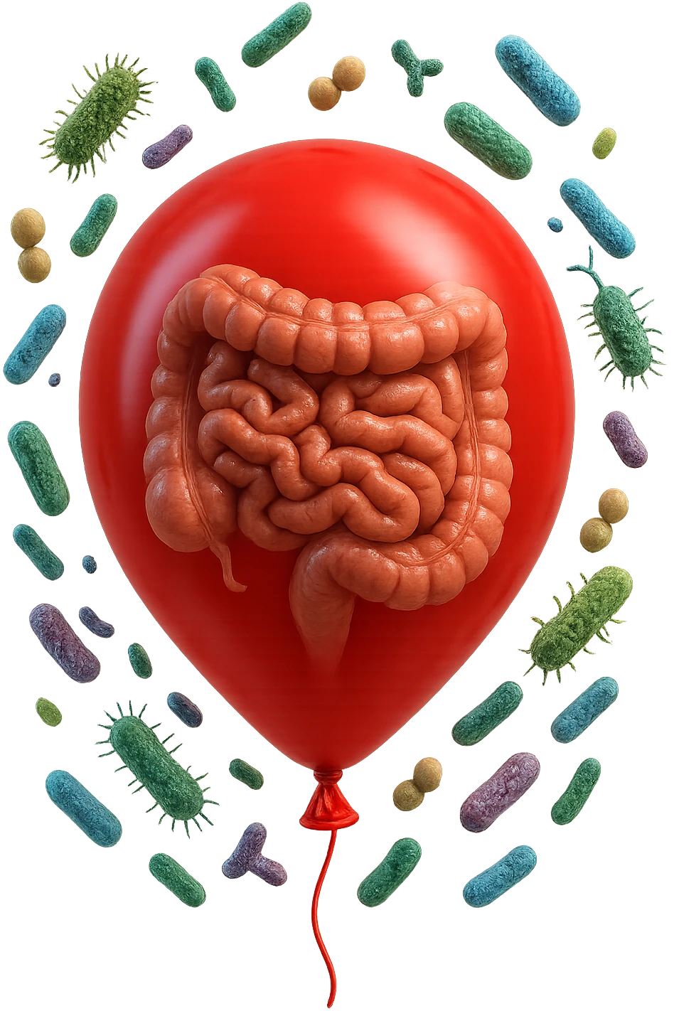 intestino umano anatomico chiuso in un palloncino rosso con batteri intestinali che fluttuano intorno, iperrealistico 4k emoji
