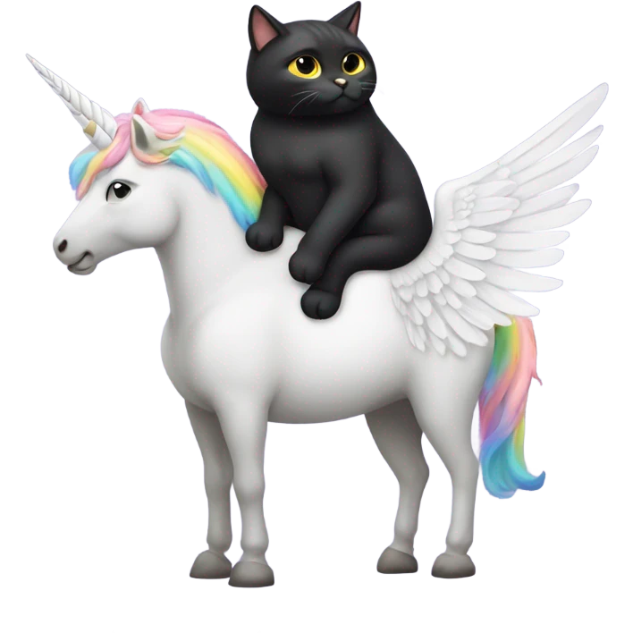 A black fat cat riding unicorns with wings emoji