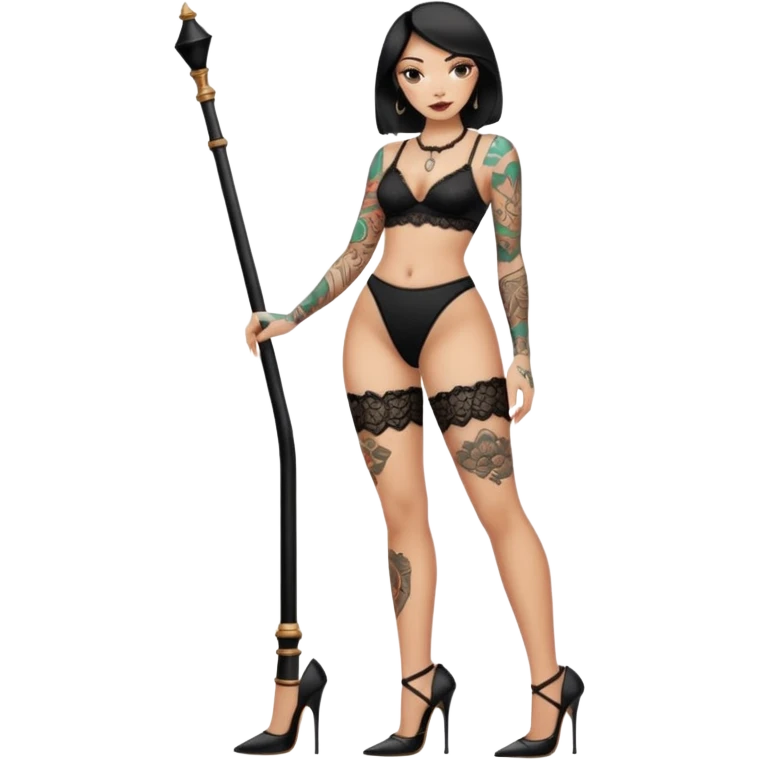 stylized tattooed woman with pole heels and black lace panties emoji