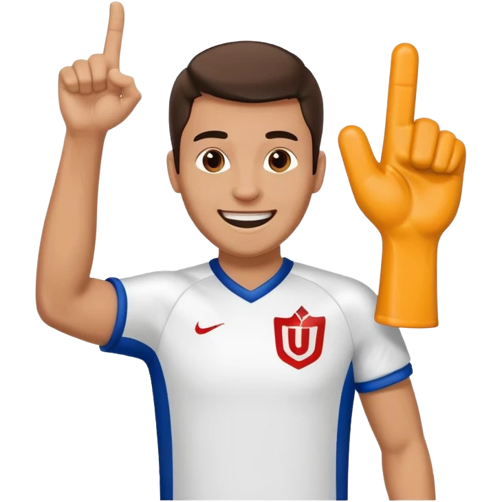 A cheerful man in a team jersey, waving a giant foam finger high with an excited grin. emoji