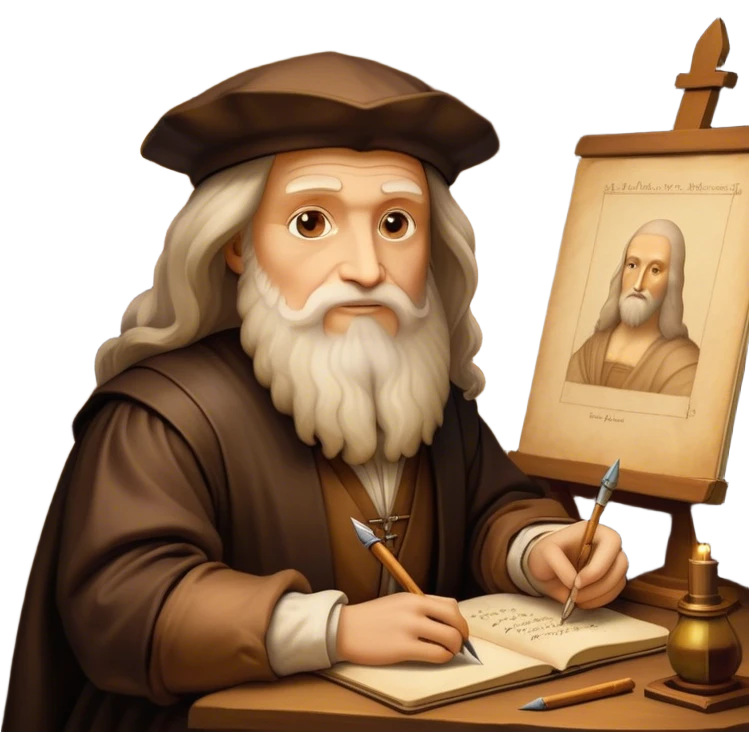 Cinematic Realistic Leonardo da Vinci Portrait Emoji, depicted as the quintessential Renaissance polymath with deep, thoughtful eyes, a flowing beard, and a quill or sketchbook in hand. The scene is illuminated with warm, classical lighting, evoking the atmosphere of a master artist’s workshop, surrounded by early sketches of inventions and masterpieces like the Mona Lisa. emoji
