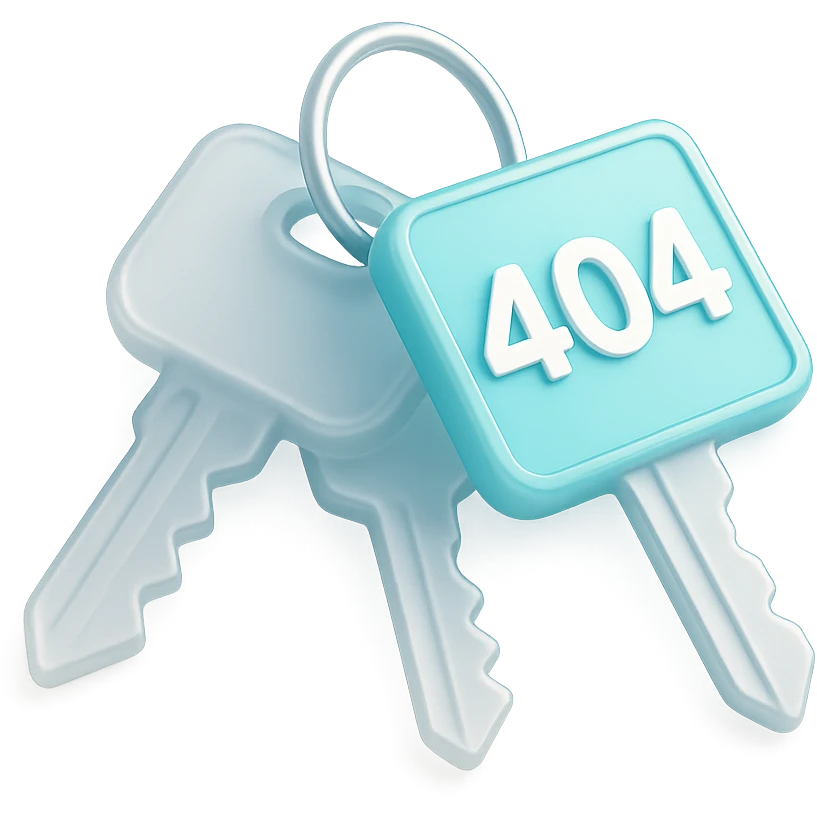 A set of 3D rendered car keys with a distinctive key fob displaying "404" in a light sky blue #ace8de emoji