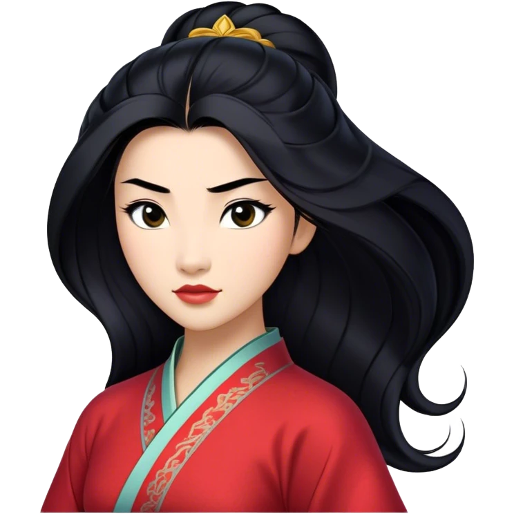 Cinematic Realistic Mulan Portrait, depicted with lifelike skin texture, soft natural lighting, and intricately detailed long black hair styled elegantly. Her deep, expressive eyes exude determination and grace, complemented by a serene yet confident expression. She is dressed in her classic attire, with rich fabric textures and delicate folds that catch the light beautifully. The portrait features a soft, enchanting glow with a natural, radiant finish, capturing the essence of timeless strength and beauty in a realistic and painterly style, evoking a sense of depth and authenticity. emoji