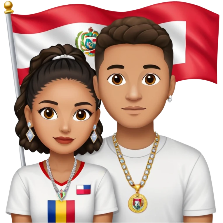 Internet celebrity Josh King Madrid jetset wearing shiny diamond earrings and sparkly iced out diamond tennis necklace chains with tefi valenzuela sitting with him holding Peruvian flag celebrity tv show filming  emoji