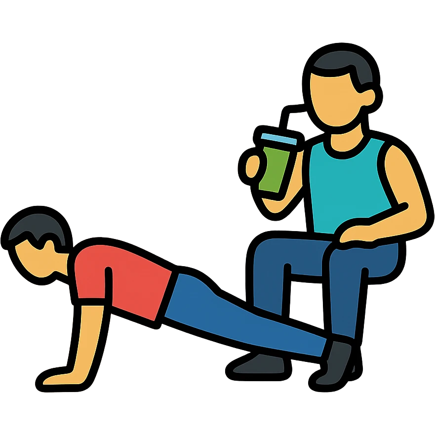 one man doing push-ups, the other man relaxed and drinking a smoothie, icon style, fitness theme, clean lines emoji