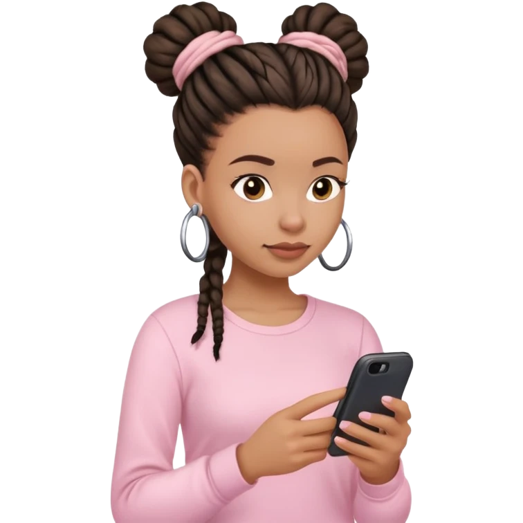 Dark brown woman wearing a light pink shirt and dreadlocks in bun texting on a Light pink phone emoji