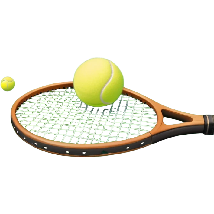 A tennis racket and a ball placed on a grassy court, with the net visible in the background. The scene captures the elegance and energy of the sport, with a vibrant green court and soft sunlight highlighting the equipment. emoji