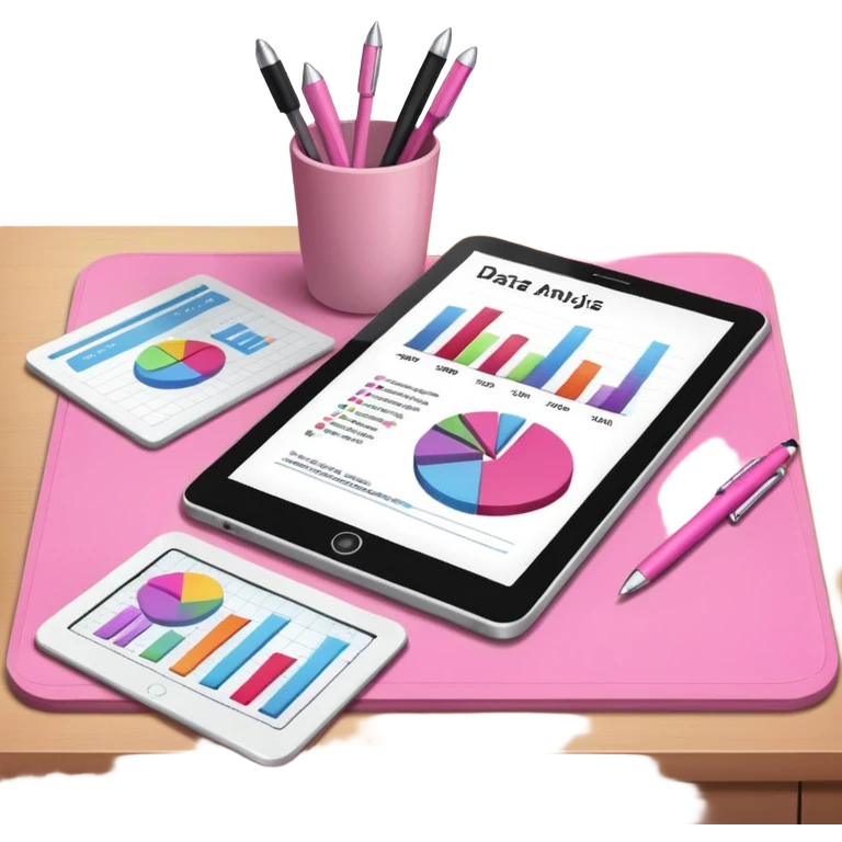 tablet on a desk with papers and pens showing data analysis stuff on it pink emoji