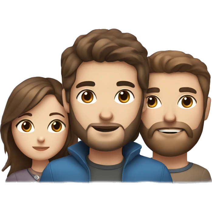 Woman with brown hair and blue eyes with man with brown hair and brown eyes and a beard holding a small gray cat emoji