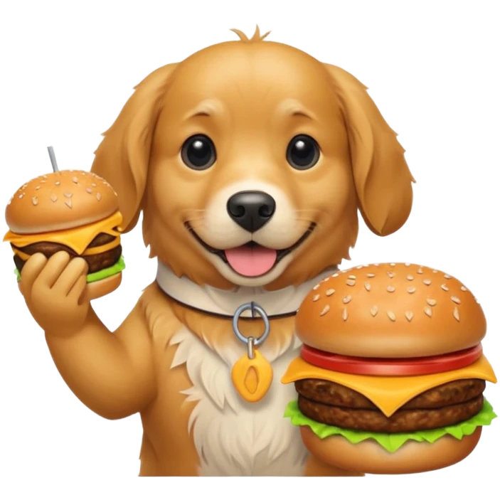 A dog holding a burger emoji
