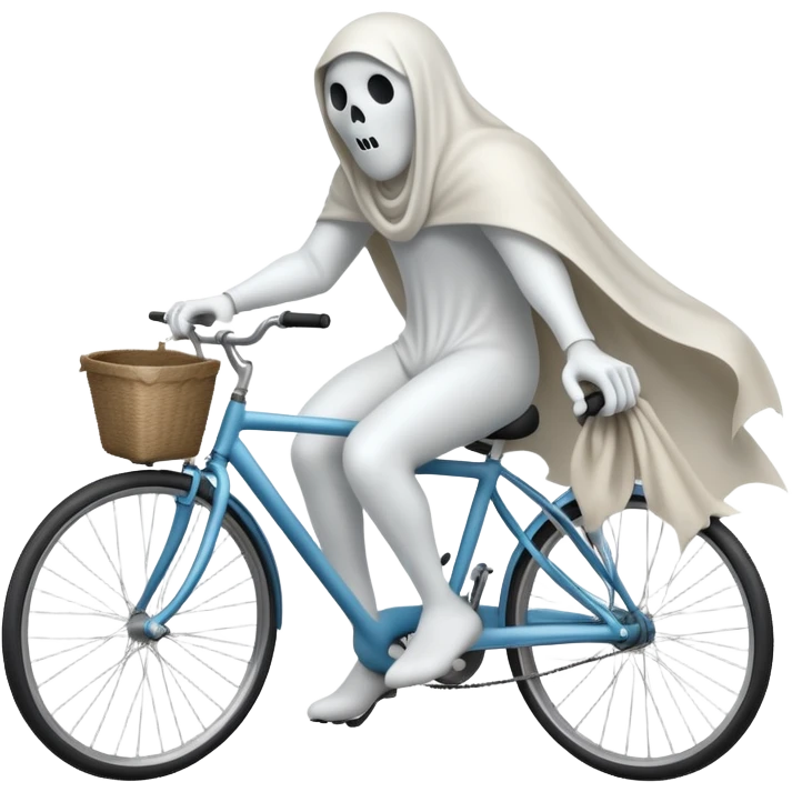 Ghost on bicycle, 3d pictograph, full body, male, arms covered with cloth and invisible, holding handlebars emoji