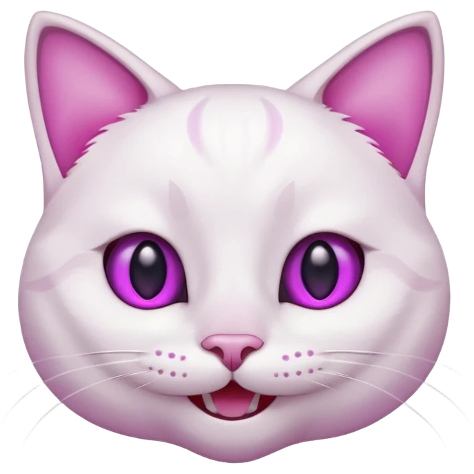 White cat happy smiling with teeth showing, light pink inner ears, magenta purple eyes, looks like discord's :smiley_cat: emoji emoji