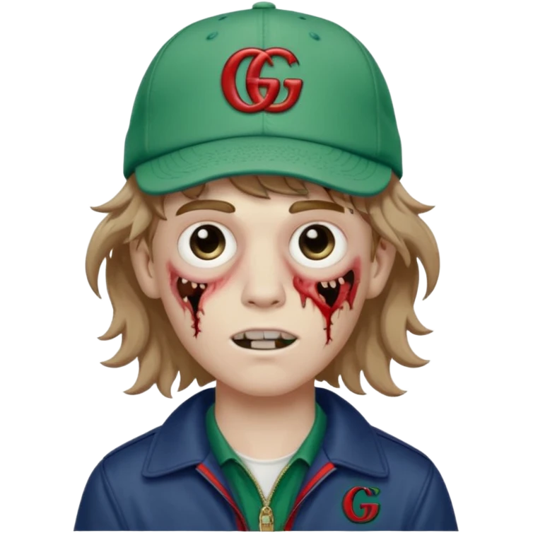 Faça um menino pálido, parecendo um Zumbi, faça esse menino com o cabelo ondulado e meio loiro, faça ele usando um boné escrito Gucci, com uma fonte pequena, e faça umas artes de Gg  emoji