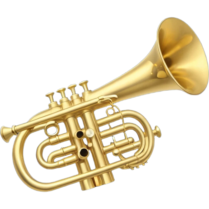 “Flat vector icon of a golden trumpet in side view with mouthpiece, bell, and three simple valves, thick dark outline, minimal details, centered on a deep navy blue rounded-square (or circle) background. Transparent outside the background, PNG.” emoji