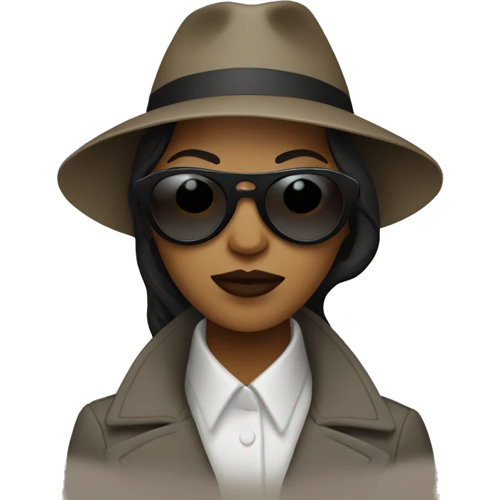 Dark mysterious woman in sunglasses with trench coat lapel covering her face emoji
