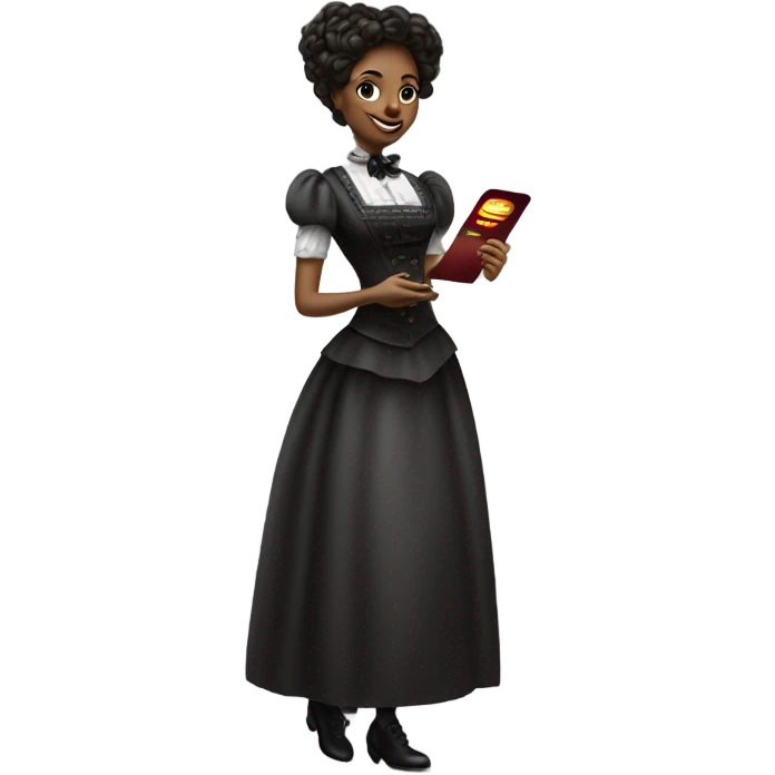 galora waitress in Victorian dress elegant, full body, holding big credit card emoji