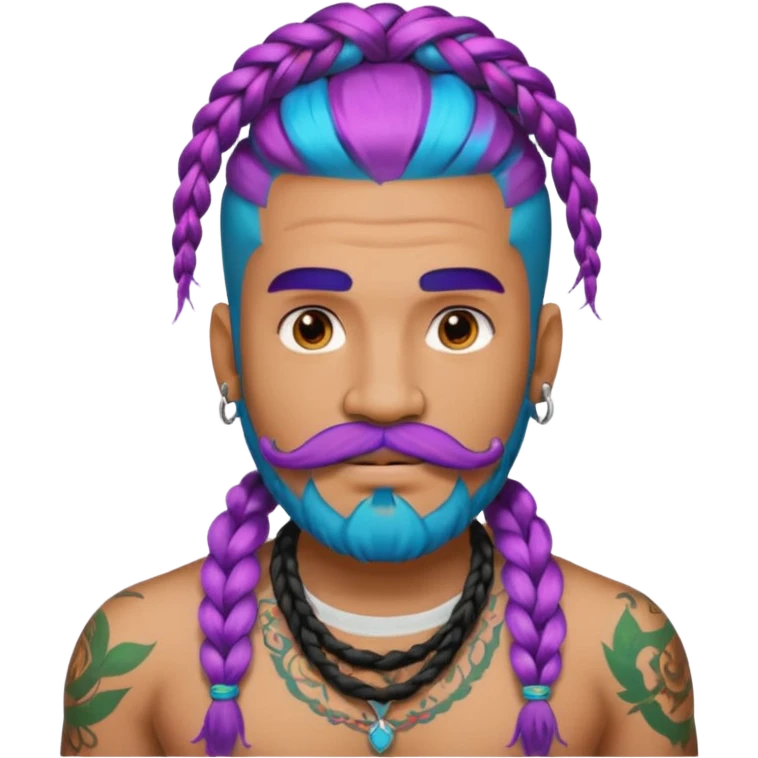big lose braids starting from the top sides of the head hair like a unicorn man with mustache face wiith big visible loose only two braids and lots and lots of colored face tattoos colored tattoos like a tattoo artist hair unique color and beard emoji