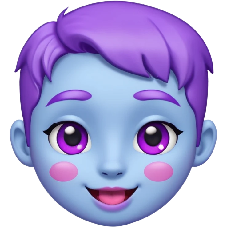 
de color azul claro brillante con manchas orgánicas en tonos morado y violeta.El rostro es expresivo y kawaii, con ojos grandes y brillantes, cejas pequeñas y una sonrisa abierta con lengua rosada. Estilo moderno, limpio y tierno, ideal como emoji, sticker o mascota digital.
 emoji