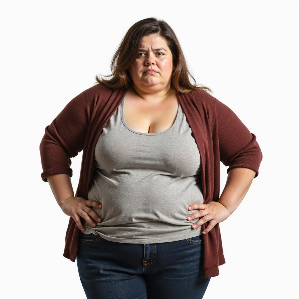 hyperrealistic 4K vertical 9:16 portrait of a heavily overweight woman with hands on hips, serious or dissatisfied look, isolated white background emoji