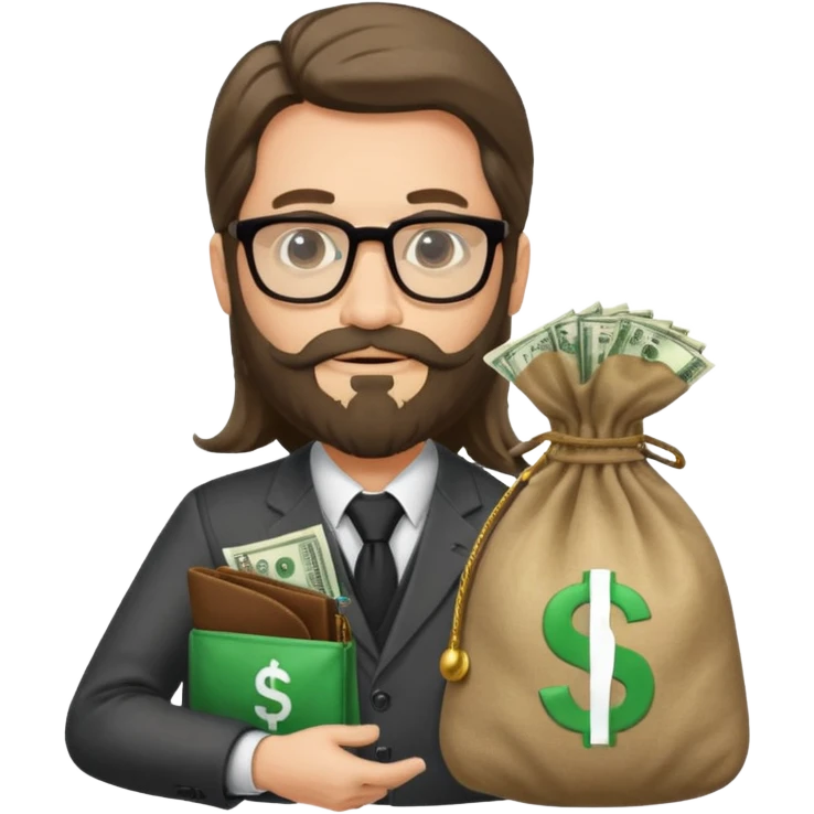 Un emprendedor (emoji con ordenador) de unos 50 años con barba y pelo largo más gafas de pasta y con un icono de ordenador y una bolsa de dinero emoji