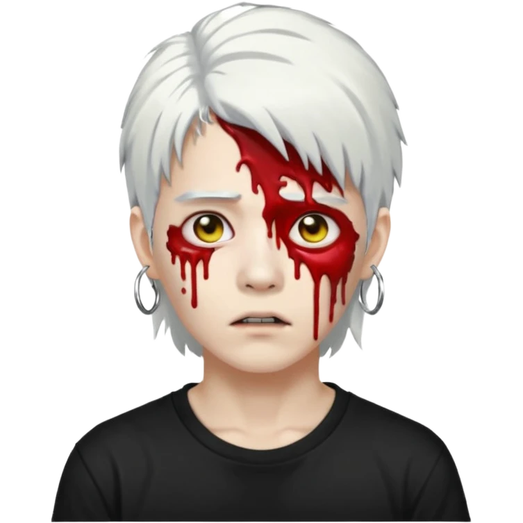ok make a zombie avatar that has pale skin more like zombie not human, young, asian, mullet hair, white hair with hoop earrings wearing just a black T shirt white blood from the eyes, p emoji
