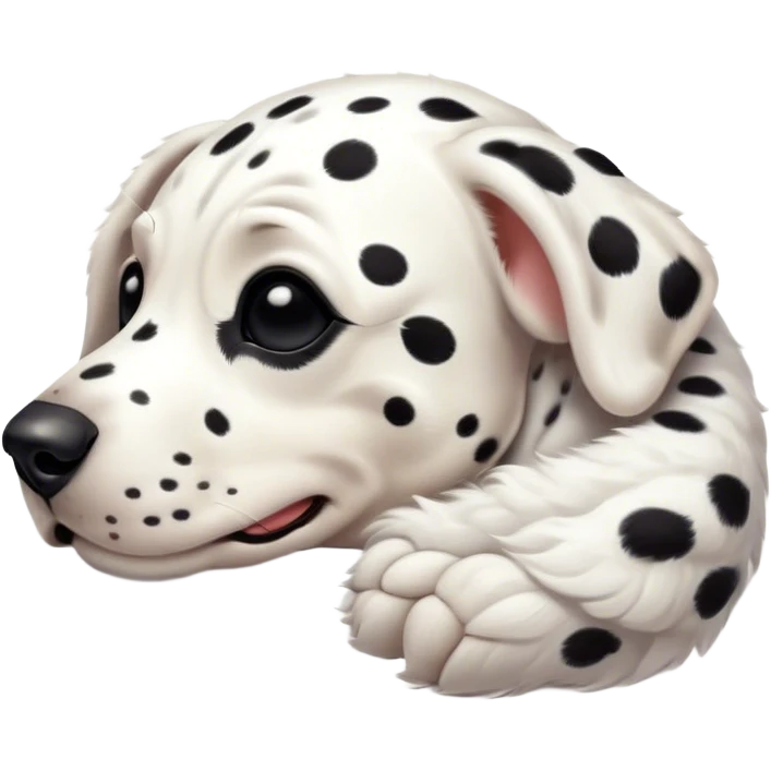 Meme-Worthy Cute Sleeping Spotted Dalmatian Portrait Emoji, Head resting peacefully with a contented smile, showcasing a delightfully majestic build and a luxuriously soft Fur of predominantly white with bold black patches, eyes shut in a serene nap, Simplified yet hilariously adorable features, highly detailed, glowing with a soft, drowsy light, high shine, relaxed and utterly lovable, stylized with an air of playful laziness, bright and heartwarming, soft glowing outline, capturing the essence of a comically sleepy guardian, so meme-worthy it feels like it could instantly become the next viral sensation of adorable slumber! emoji
