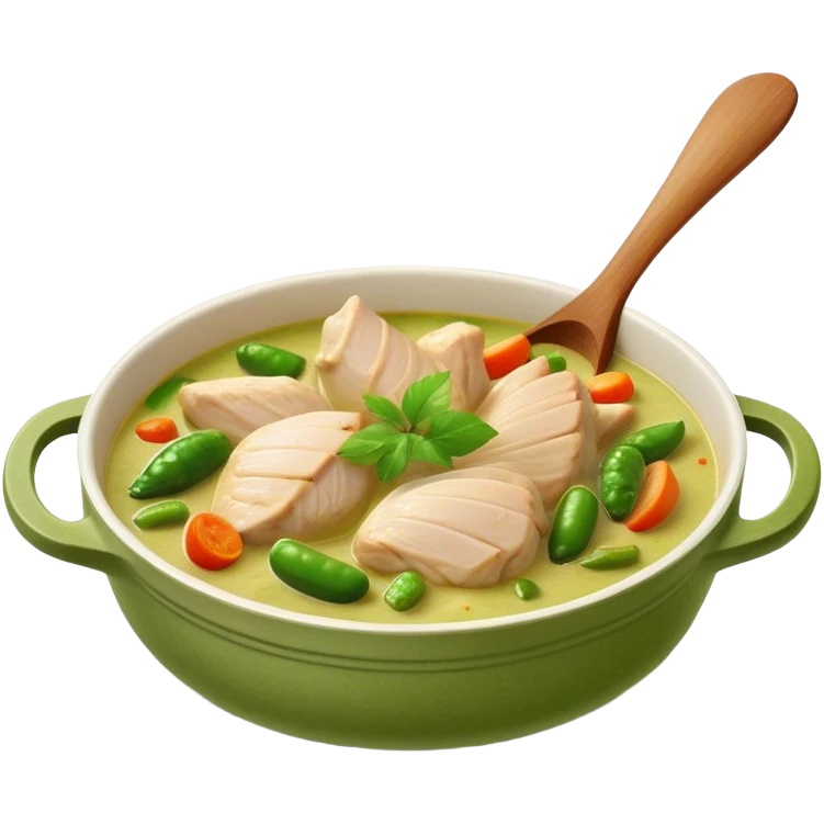 Cinematic Realistic Green Chicken Curry Dish Emoji, depicted with tender chicken simmered in a fragrant green curry sauce with vegetables rendered with rich textures and dynamic, vibrant lighting. emoji