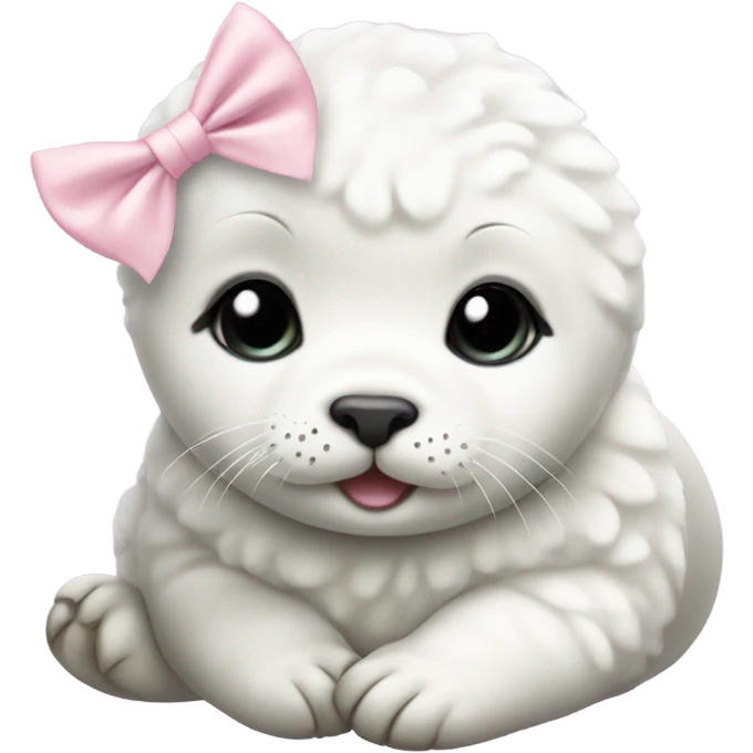 cute baby white harp seal with a light pink bow emoji