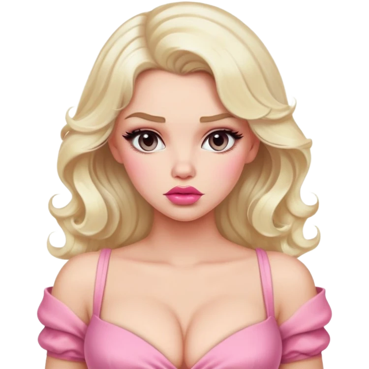 gorgeous woman with platinum wavy blonde hair with big puffy pouting lips, wearing a pink dress with cleavage emoji