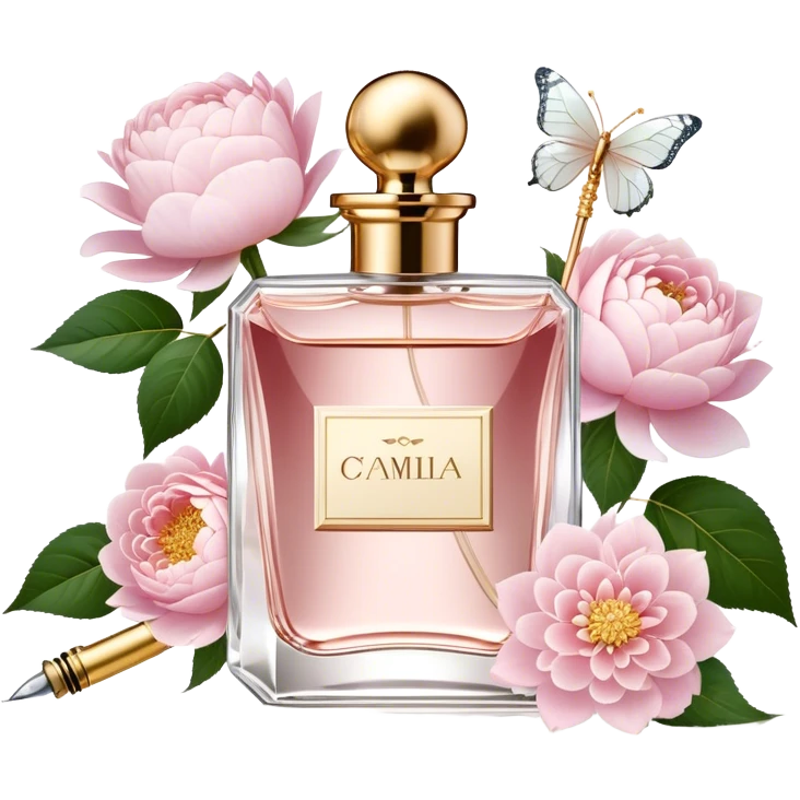 A delicate glass perfume bottle with a golden atomizer, surrounded by soft pink roses, white peonies, and dahlias, as pearl butterflies reflect beautifully in the crystal surface.
 emoji