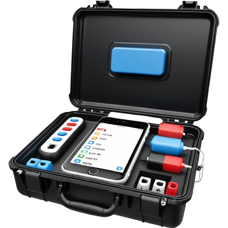 An open, black outdoor test case.Interior: control panel with colored test jacks, USB ports, and a power outlet. A red test probe is located next to it. On the left side of the case is a large roll of white, round test labels displaying QR codes. A blue cable leads out of the side of the case. emoji