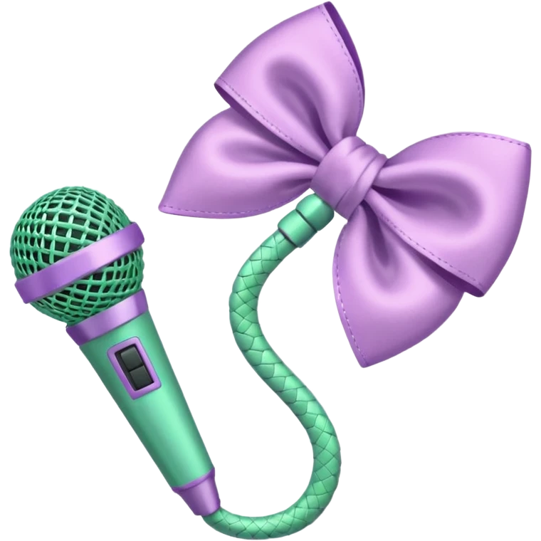 A pastel pink bow with a pastel green snake on the top of one side and a pastel purple microphone on the bottom of the other side emoji