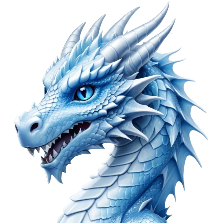 Cinematic Noble Beautiful Ice Dragon Portrait Emoji, Poised and majestic, with an ethereal, crystalline body adorned in intricately detailed scales of frosty blues and silvery whites reminiscent of glacial ice and delicate snowflakes, and piercing, cool eyes reflecting winter’s clarity; rendered with lifelike texture and subtle natural highlights, high shine, elegant and formidable, styled with an aura of chilling mythic beauty, focused and serene, soft glowing outline, capturing the essence of a legendary ice sovereign ready to glide gracefully out of the screen with timeless frosty allure! emoji