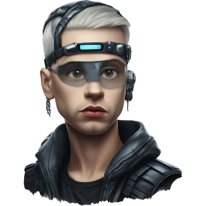 Cyberpunk Eminem in bladerunner style, oil paint, epic eyes, intricate lips, exquisite pose, beautiful, desirable, logical emoji