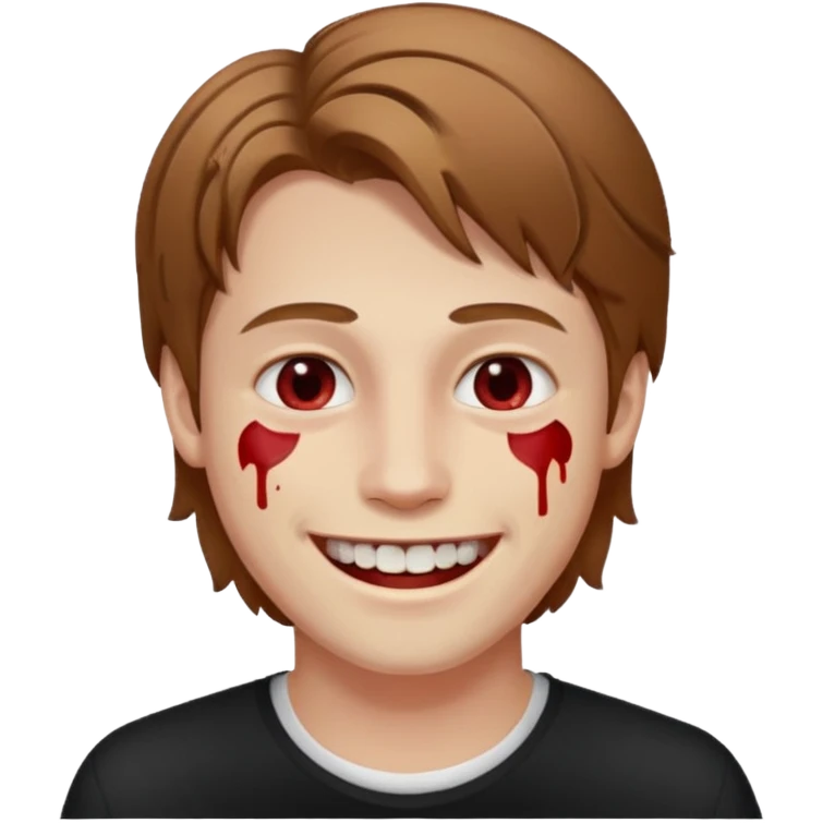 парень с русыми волосами средней длины; белая кожа; белые глаза; открытая улыбка, где на зубах кровь;  emoji