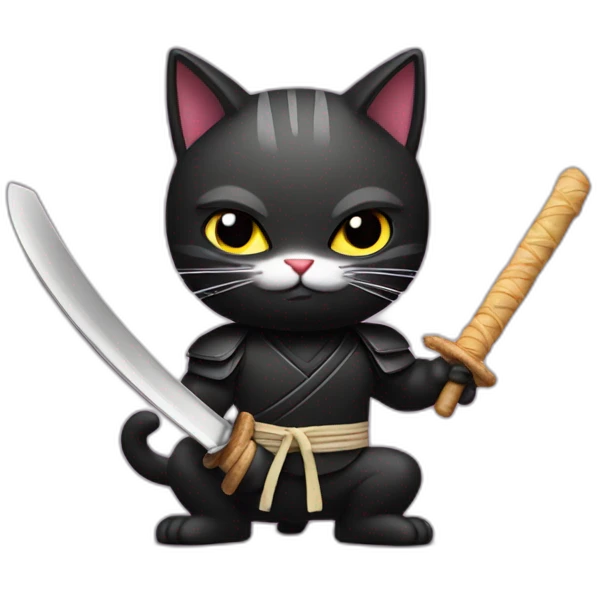Ninja cat cuts croissant with  katana emoji